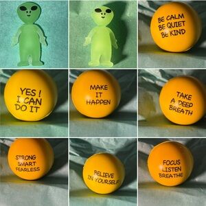 Yellow Motivational Stress Balls 8 different ones. Glow in the dark Aliens.